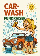 Colorful car wash fundraiser poster with cheerful woman and bubbles.