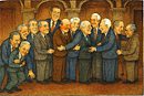 Fourteen male senators in suits embrace, hold hands, and lean into one another in a neoclassical chamber with marble columns and arches. Their expressions range from gleeful to awkwardly intimate, suggesting a satirical compromise on “sexual filibustering.”