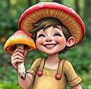 A young Charlie Sheen, wearing bib overalls and a mushroom hat, holding up a magic mushroom.