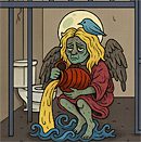 Cartoon-style illustration of an empty jail cell with cracked beige walls, barred window, metal bed frame, and toilet—evoking confinement and solitude, conceptually linked to the Paris Hilton jail experience.