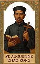 Holy card-style portrait of St. Augustine Zhao Rong, one of the revered patron saints of China, shown in traditional clerical robes with a gold halo, holding a wooden cross and an open Bible against a warm golden background framed by floral borders.