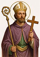 Illustration of a saint holding a cross and bishop's staff.