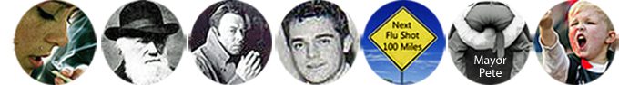 Row of circular portrait thumbnails and sign