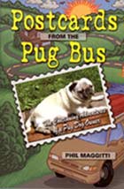 Book cover: pug on postcard with bus