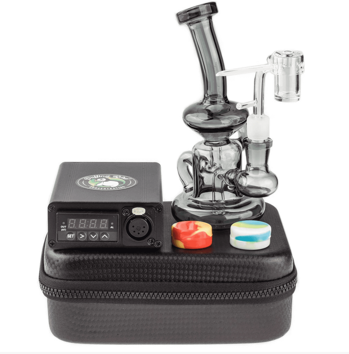 Glass dab rig, controller, silicone containers on case