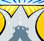 Cartoon superhero silhouette revealing emblem, sunburst