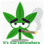 image of a marijuana leaf with eyes and a mouth, smoking a joint
