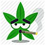 A marijuana leaf, a satirical cartoon one, with large buggy cartoon eyes smoking something or other.