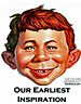 Vintage illustration of a grinning boy with red hair captioned 'Our Earliest Inspiration'.