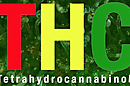 "Colorful THC lettering with 'Tetrahydrocannabinol' text on a green background."