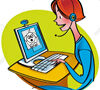woman at a computer that has a dog's image on the screen