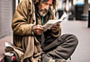 homeless person sitting down reading a book