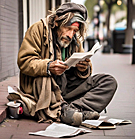 homeless person sitting down reading a book