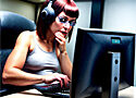 woman wearing headphones working on a laptop computer