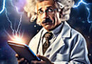 young looking albert einstein wearing a white lab coat