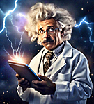 young looking albert einstein wearing a white lab coat