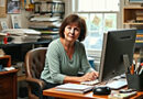 woman sitting at a computer in a cluttered room