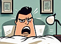 cartoon image of a man in bed with a chagrined expression on his face