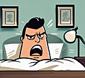 cartoon image of a man in bed with a chagrined expression on his face