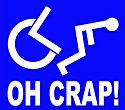 Humorous blue graphic with a falling wheelchair figure and text.