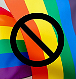 a rainbow pride flag with a black circle with a slash inside superimposed