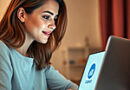 a pretty young woman looking fondly at a laptop computer on which the Copilot logo is visible