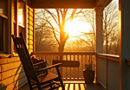 an old-fashioned wooden rocker sitting on an empty porch as the sun rises