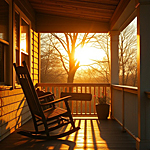 an old-fashioned wooden rocker sitting on an empty porch as the sun rises