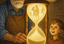 an old man and a young boy looking at an hourglass