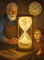 an old man and a young boy looking at an hourglass