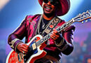 P. Diddy in a garish western outfit and cowboy hat, playing a guitar and singing"