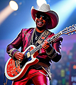 P. Diddy in a garish western outfit and cowboy hat, playing a guitar and singing"