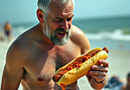 image of a middle aged man in a swim suit eating a sloppy hot dog at the beach