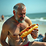 image of a middle aged man in a swim suit eating a sloppy hot dog at the beach
