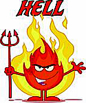 the cartoon head of a devilish creature holding a pitchfork; there are flames behind him