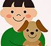 cartoon image of a young boy with a bowl gaircut holding a smiling puppy
