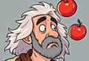 Cartoon image of Isaab Newton and a few apples falling near his head