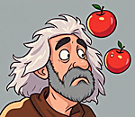 Cartoon image of Isaab Newton and a few apples falling near his head