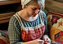 an amish transgender woman knitting a quilt