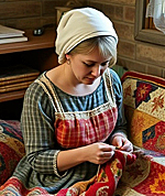 an amish transgender woman knitting a quilt
