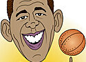 comic style image of Barack Obama twirling a basketball on his right index finger