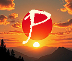 image of a large setting sun with the letter P superimposed