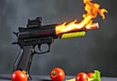 a gun firing and some veggies on the table beneath it
