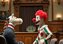 a sock puppet acting as a jodge, the defendant is wearing a clown suit