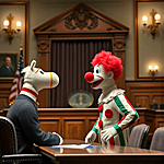 a sock puppet acting as a jodge, the defendant is wearing a clown suit