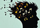 silhouette of a man's head with musical notes trying to escape from it