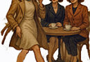 a stylishly dressed woman walking past three other women sitting at a table who are all looking at her