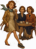 a stylishly dressed woman walking past three other women sitting at a table who are all looking at her
