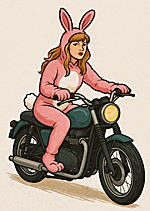 Taylor Swift wearing a bunny suit and riding a motorcycle