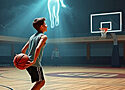 a young man holding a basketball while a ghostly image hangs above the court